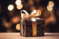 Christmas, New Year festive background. Black elegant Christmas present gift box with golden ribbon on festive bokeh Royalty Free Stock Photo