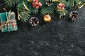 Christmas or New Year festive background with a fir tree branches and other seasonal decorations Royalty Free Stock Photo