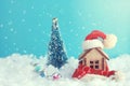 Christmas, new year festive greeting card, small house with scar