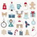 Christmas and new year festive stickers set. Gold and blue colors. Santa Claus, angel, deer, house, snowman.