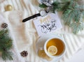 Christmas and New Year flat lay background with greeting hand lettering note