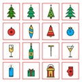 Christmas and New Year flat line icons in minimalistic design.