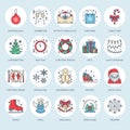 Christmas, new year flat line icons. Winter holidays - christmas tree gift, snowman, santa claus, fireworks, angel Royalty Free Stock Photo