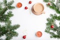 Christmas or New Year frame composition. Decorations, red balls, fir and spruce branches, on a white background. Top view, copy Royalty Free Stock Photo