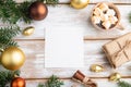Christmas or New Year frame composition, template. Decorations, box, balls, fir and spruce branches, cup of coffee, on a white Royalty Free Stock Photo