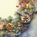 Christmas or New Year frame flat composition with green snow fir Royalty Free Stock Photo