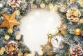 Christmas or New Year frame flat composition with green snow fir branches, pine cones, golden snowflakes, Christmas balls, red Royalty Free Stock Photo