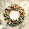 Christmas or New Year frame flat composition with green snow fir branches, pine cones, golden snowflakes, Christmas balls, red Royalty Free Stock Photo