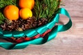 Christmas or new year fruit basket top view. Oranges and lemon lie in a basket with a Christmas tree and Christmas cones. New