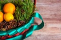 Christmas or new year fruit basket top view. Oranges and lemon lie in a basket with a Christmas tree and Christmas cones. New