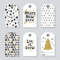 Christmas and New Year gift tags. Cards xmas gold set. Hand drawn element. Collection of holiday paper label in black Royalty Free Stock Photo