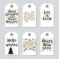 Christmas and New Year gift tags. Cards xmas gold set. Hand drawn element. Collection of holiday paper label in black Royalty Free Stock Photo