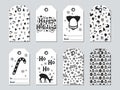 Christmas and New Year gift tags. Cards xmas set. Hand drawn elements. Collection of holiday paper label in black and Royalty Free Stock Photo