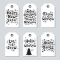 Christmas and New Year gift tags. Cards xmas set. Hand drawn elements. Collection of holiday paper label in black and Royalty Free Stock Photo