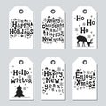 Christmas and New Year gift tags. Cards xmas set. Hand drawn elements. Collection of holiday paper label in black and Royalty Free Stock Photo