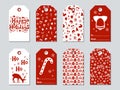 Christmas and New Year gift tags. Cards xmas set. Hand drawn elements. Collection of holiday paper label in red and