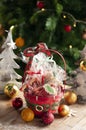 Christmas and New year gifts and baskets with sweets, alcohol, c Royalty Free Stock Photo