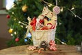 Christmas and New year gifts and baskets with sweets, alcohol, c Royalty Free Stock Photo