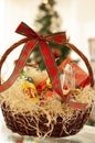 Christmas and New year gifts and baskets with sweets, alcohol, c Royalty Free Stock Photo
