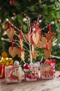 Christmas and New year gifts and baskets with sweets, alcohol, c Royalty Free Stock Photo