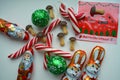 Christmas and New Year gifts candy decorative white top view background