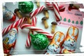 Christmas and New Year gifts candy decorative white top view background