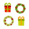 Christmas, New Year gifts and wreaths, vector flat