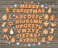 Christmas and New Year gingerbread alphabet, cute traditional holiday cookies, snowflakes Royalty Free Stock Photo