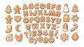 Christmas and New Year gingerbread alphabet and cute traditional holiday cookies. Sugar coated letters and numbers