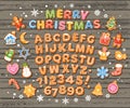 Christmas and New Year gingerbread alphabet. Sugar coated letters and numbers. Cartoon hand drawn vector illustration Royalty Free Stock Photo