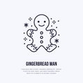 Christmas, new year gingerbread man flat line icon. Winter holidays vector illustration, sign for celebration party