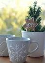 After Christmas New Year 2019. Gingerbread star. Two cups. View from window. New year together. Royalty Free Stock Photo