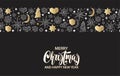 Christmas and New Year gold seamless pattern on black background with stars, balls, noel, heart in geometric style. Royalty Free Stock Photo