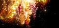 Christmas and New Year Golden Decoration. Abstract Blurred Bokeh Holiday Background with beautiful baubles and Blinking Garland Royalty Free Stock Photo