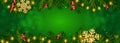 Christmas and New Year green background with realistic pine branches, candy canes, serpentine, glitter gold snowflake.
