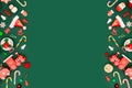 Christmas or New Year green background with red toys borders. Royalty Free Stock Photo