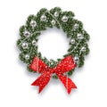 Christmas, New Year. Green spruce branch. Christmas wreath with shadow and snowflakes. Red onions, silver balls and
