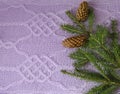 Christmas and New Year. Spruce branches with cones are on the homemade knitted beautiful pattern background. Needlework