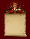 Christmas and New Year greeting card with candle, Christmas tree decorations and parchment sheet banner on dark red background Royalty Free Stock Photo