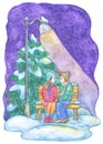Christmas and New Year greeting card with couple in love sitting on the bench under lantern light in snow fall in the park at