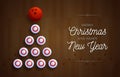 Christmas and new year greeting card. Creative Xmas tree made by bowling pin and ball on bowling lane background for Christmas and