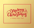 Christmas and New Year greeting card design with red frame and hand lettering. Typographical festive postcard for winter holidays