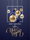 Christmas and New Year greeting card, design of xmas black, silvr, gold bauble with golden glitter confetti. Vector