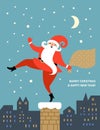 Christmas and New Year Greeting card. Funny Santa is dancing on the roof on night city backgound Royalty Free Stock Photo