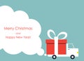 Christmas and New Year greeting card with gift delivery van Royalty Free Stock Photo