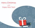 Christmas and New Year greeting card with gift delivery van Royalty Free Stock Photo