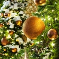 Christmas or New Year greeting card, golden christmas decorations glass balls, green pine branches, white snow and shiny lights Royalty Free Stock Photo