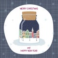 Christmas and New year greeting card. Hand drawn city in bottle