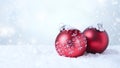 Christmas and New Year greeting card. Holiday ornament, winter decoration. Red christmas ball over snow background, with copy Royalty Free Stock Photo