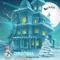 Christmas and New Year greeting card with the image of a snowy night with a snowman and Christmas trees